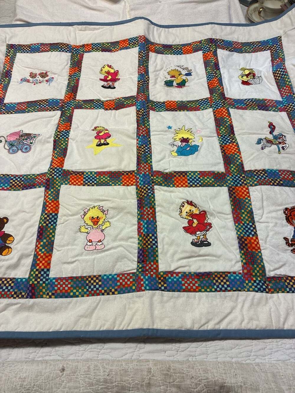 Vintage Handmade Baby Quilt with Embroidered Animals and Multi-Color Patchwork B
